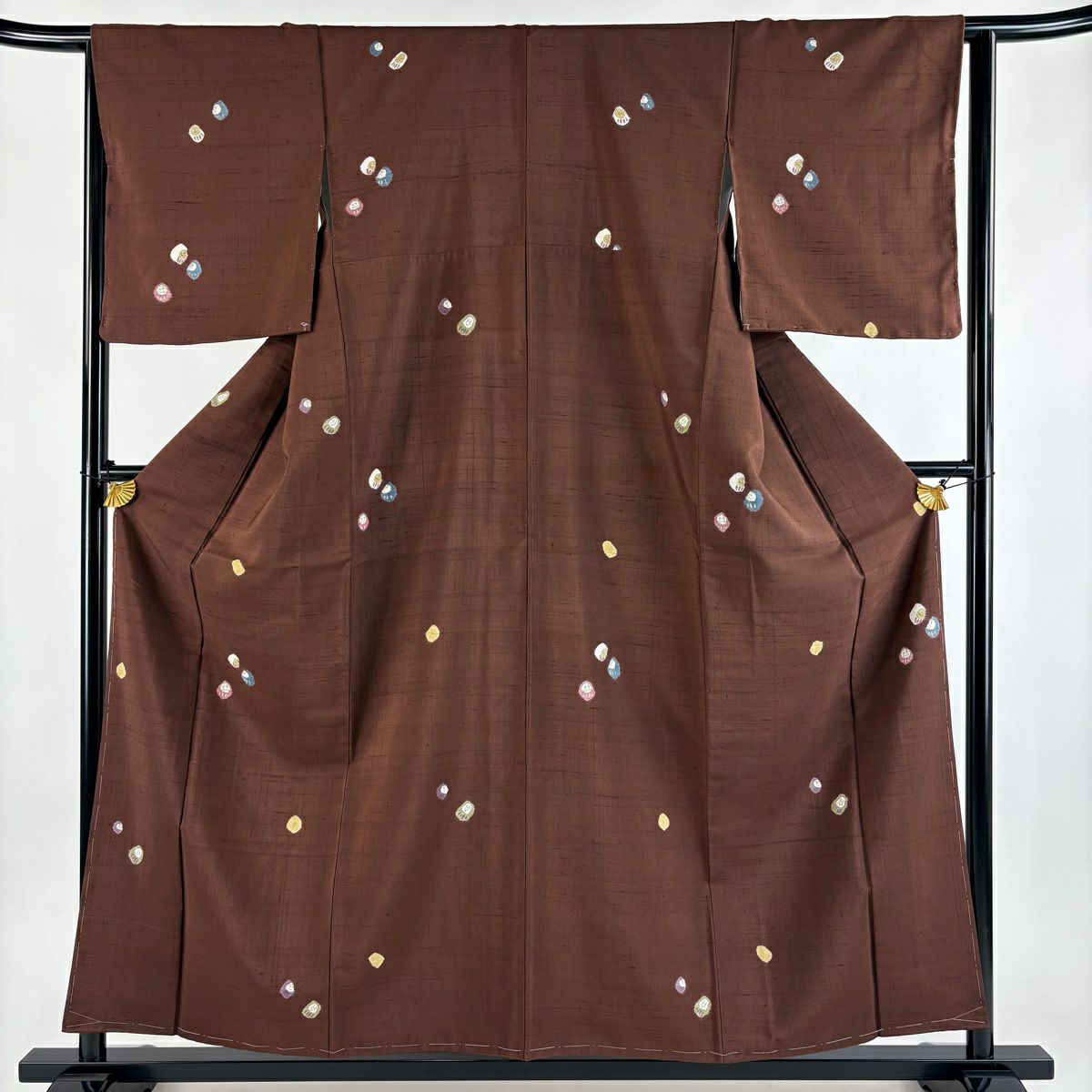 【美品】 小紋 身長156cm 袖長64cm M 雙層 紬織織 達摩 茶 純蠶絲 名品級