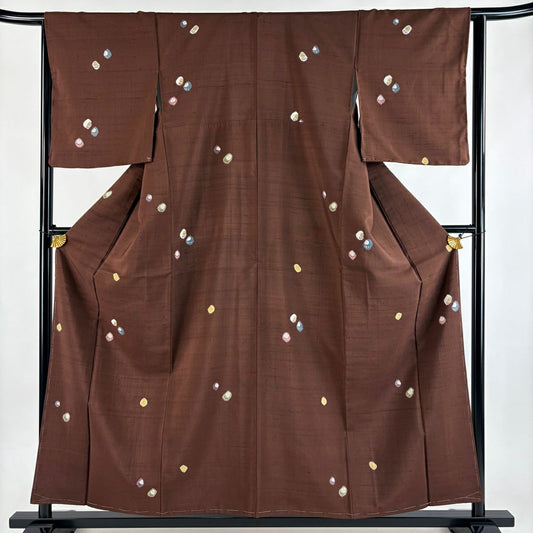 【美品】 小紋 身長156cm 袖長64cm M 雙層 紬織織 達摩 茶 純蠶絲 名品級