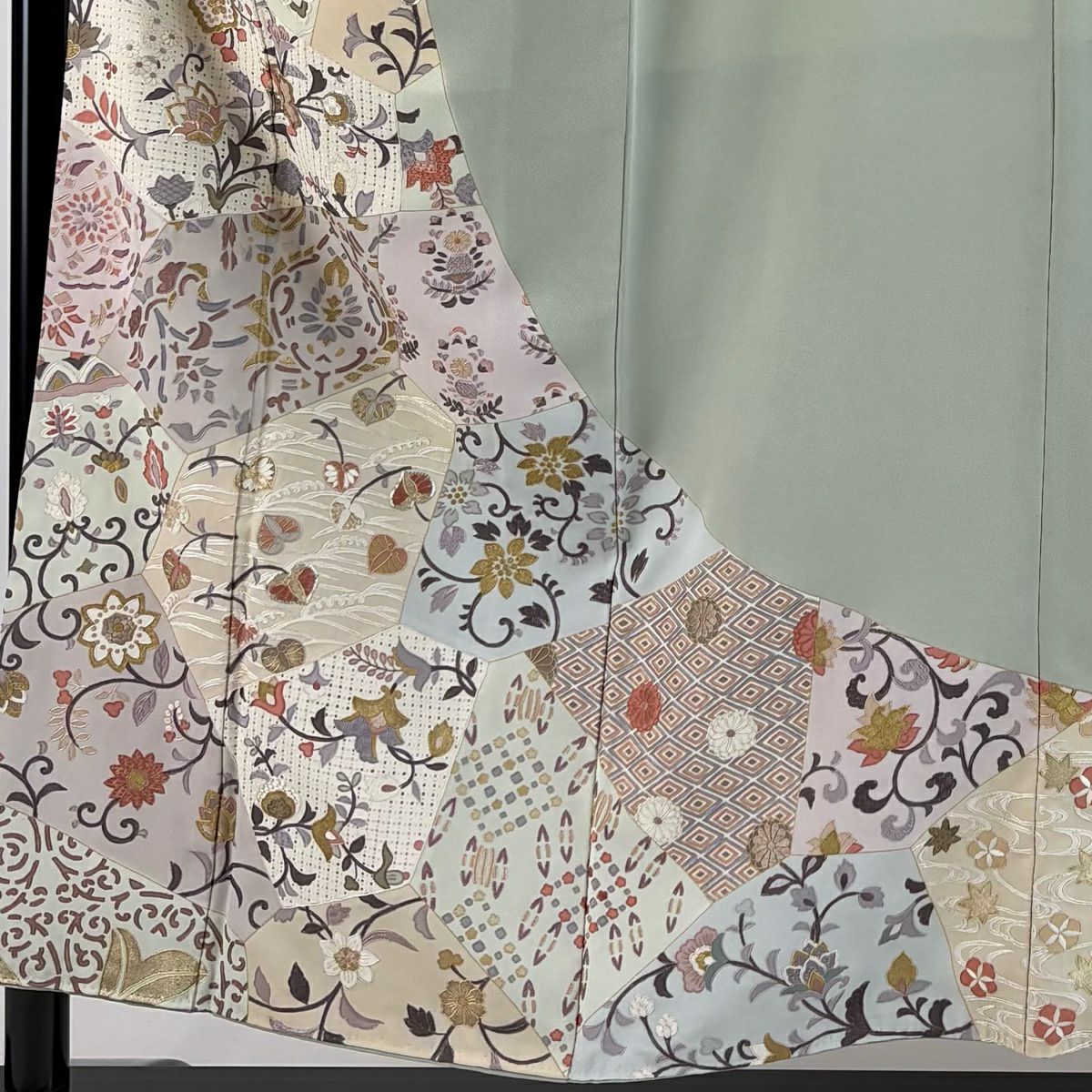 訪問服 身長152cm 袖長63.5cm S 雙層 花唐草紋 入子菱 金銀彩 蘇州刺繡 淺綠 純蠶絲 名品級