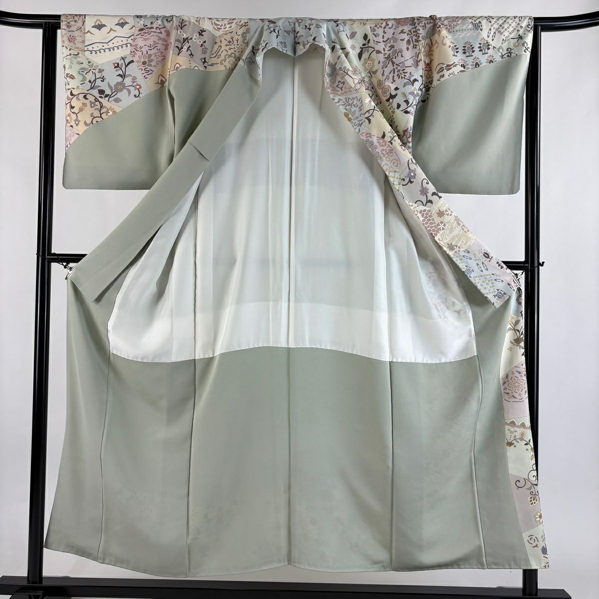 訪問服 身長152cm 袖長63.5cm S 雙層 花唐草紋 入子菱 金銀彩 蘇州刺繡 淺綠 純蠶絲 名品級