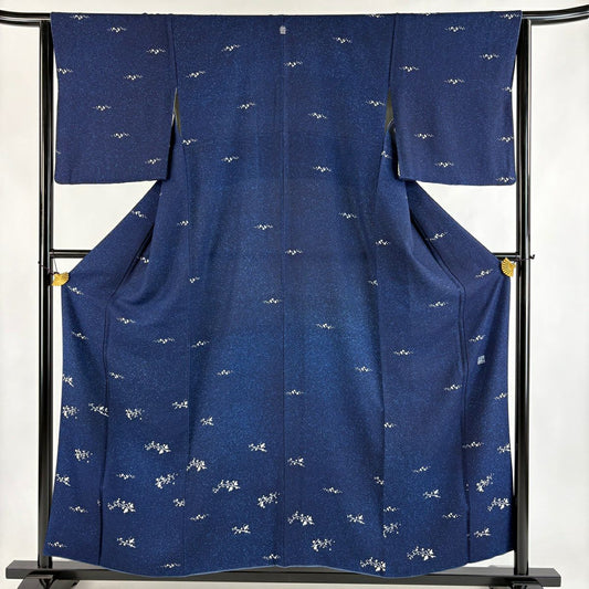 小紋 身長156.5cm 袖長64cm M 雙層 落款有 枝梅花 幾何學 深藍 純蠶絲 名品級 一つ紋