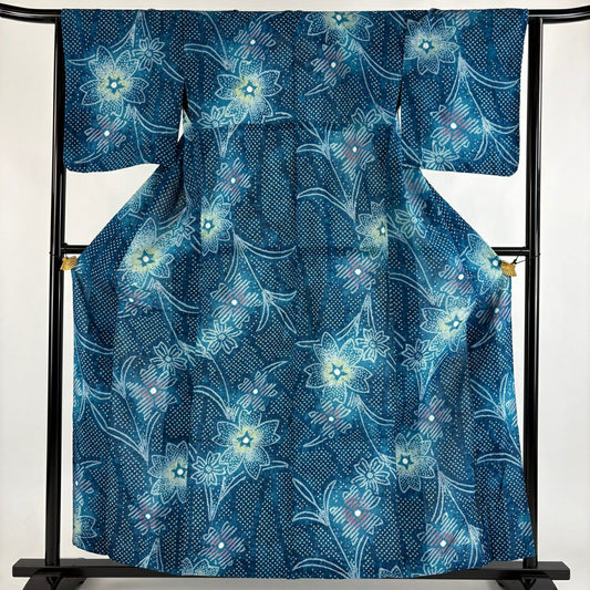 【美品】 浴衣 身長160cm 袖長64.5cm M 絞染浴衣 草花紋紋 青綠 純棉 名品級