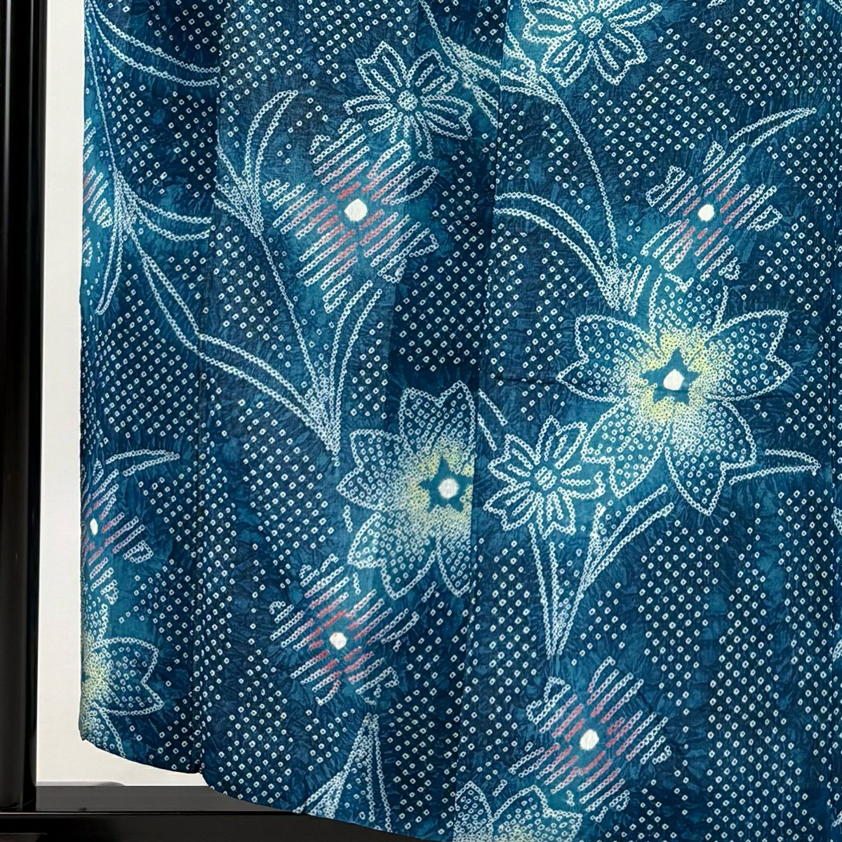 【美品】 浴衣 身長160cm 袖長64.5cm M 絞染浴衣 草花紋紋 青綠 純棉 名品級