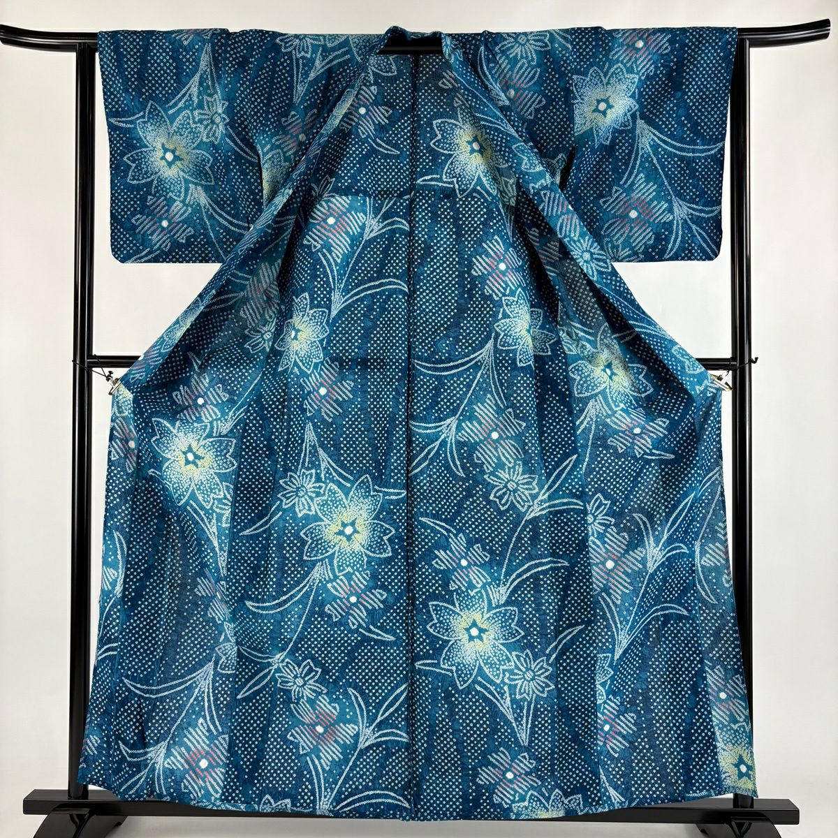 【美品】 浴衣 身長160cm 袖長64.5cm M 絞染浴衣 草花紋紋 青綠 純棉 名品級