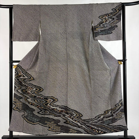 訪問服 身長151cm 袖長62cm S 雙層 草花紋紋 青海波 金銀彩 總絞染 黑 純蠶絲 名品級