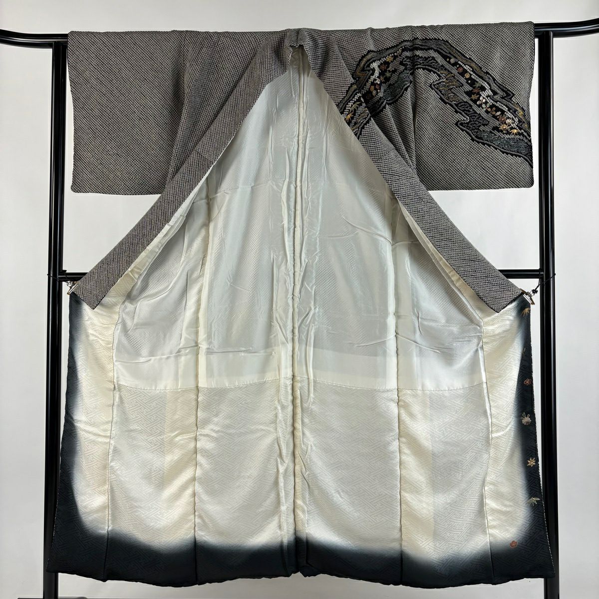 訪問服 身長151cm 袖長62cm S 雙層 草花紋紋 青海波 金銀彩 總絞染 黑 純蠶絲 名品級