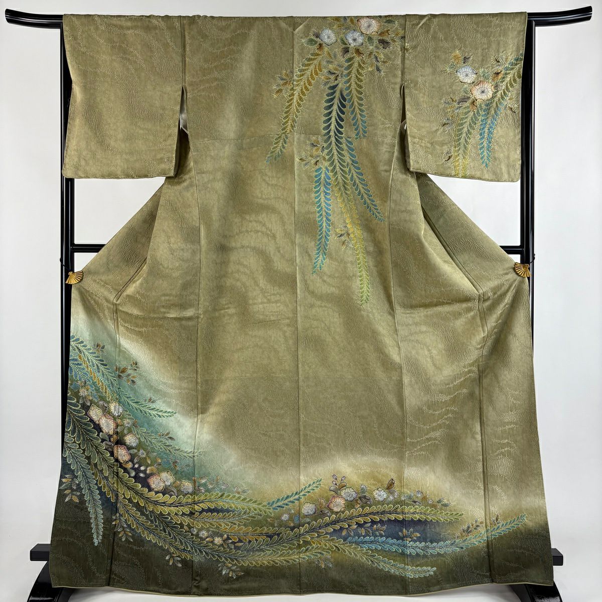 【美品】訪問服 身長168cm 袖長66cm M 雙層 辻花染 銀通し 絞染 鶯色 純蠶絲 名品級