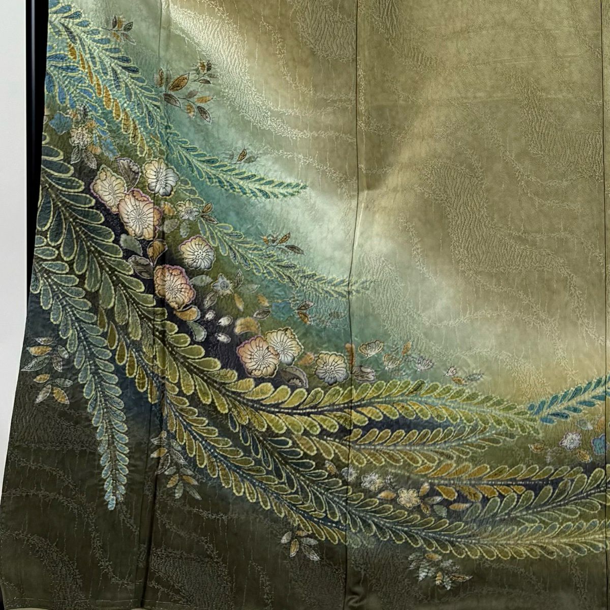 【美品】訪問服 身長168cm 袖長66cm M 雙層 辻花染 銀通し 絞染 鶯色 純蠶絲 名品級