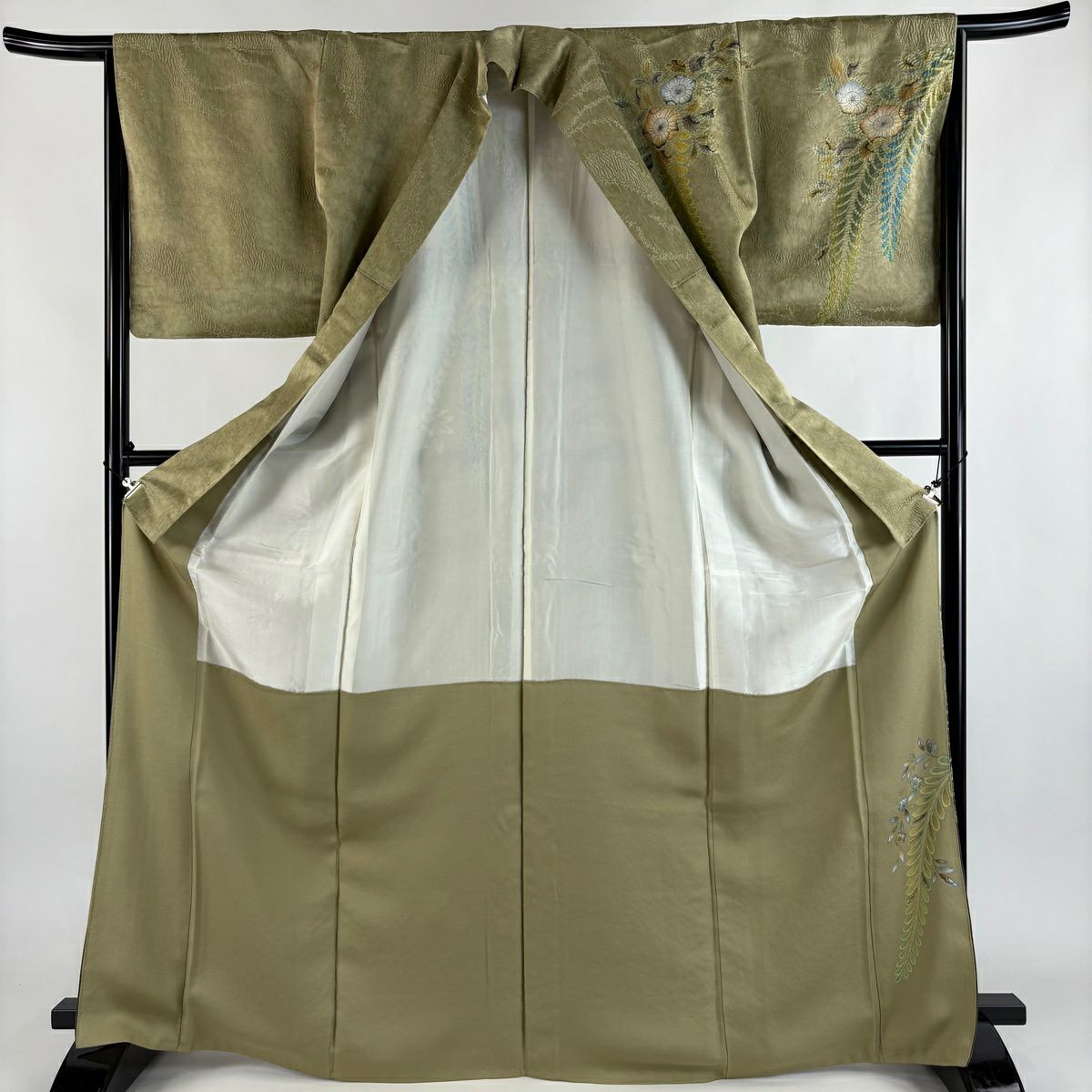 【美品】訪問服 身長168cm 袖長66cm M 雙層 辻花染 銀通し 絞染 鶯色 純蠶絲 名品級