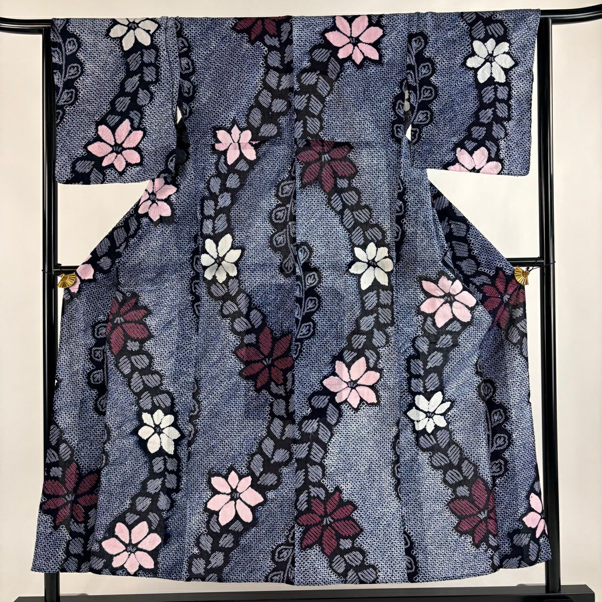 浴衣 身長150.5cm 袖長64cm M 絞染浴衣 草花紋紋 深藍 純棉 名品級