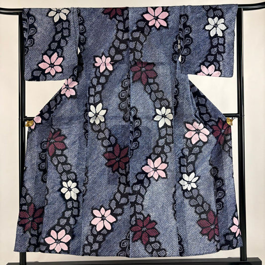 浴衣 身長150.5cm 袖長64cm M 絞染浴衣 草花紋紋 深藍 純棉 名品級