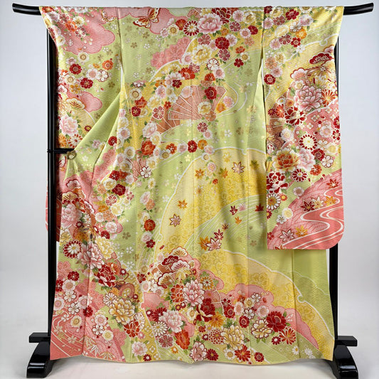 【美品】振袖禮服 身長166.5cm 袖長70cm L 雙層 牡丹 手鞠 金金箔 金銀彩 黃綠 純蠶絲 名品級