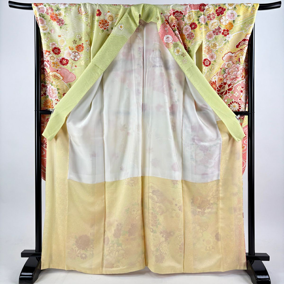 【美品】振袖禮服 身長166.5cm 袖長70cm L 雙層 牡丹 手鞠 金金箔 金銀彩 黃綠 純蠶絲 名品級