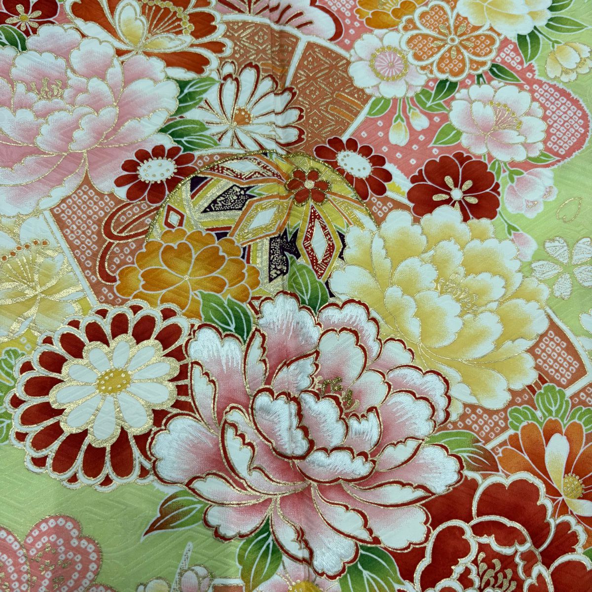 【美品】振袖禮服 身長166.5cm 袖長70cm L 雙層 牡丹 手鞠 金金箔 金銀彩 黃綠 純蠶絲 名品級