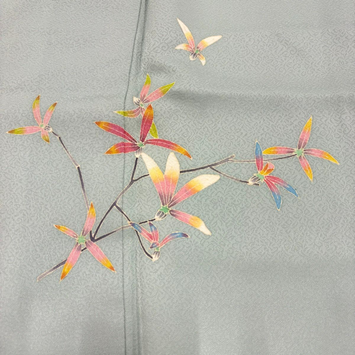 付下 身長164.5cm 袖長67.5cm L 雙層 稻手明仁 鈴乃屋 落款 草花紋紋 漸層 水藍 純蠶絲 名品級