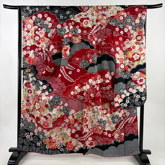 振袖禮服 身長161cm 袖長65.5cm M 雙層 櫻花 雪輪 金絲 金銀彩 紅 純蠶絲 名品級