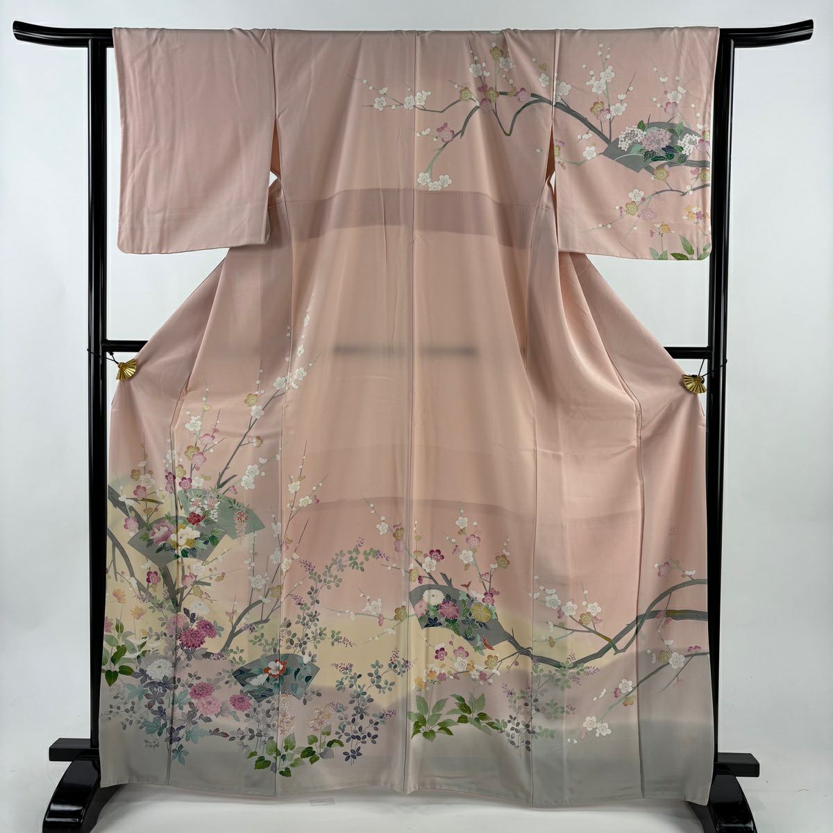 訪問服 身長165cm 袖長63.5cm S 雙層 落款有 枝梅花 扇子面 染分 渲染 淡粉色 純蠶絲 名品級