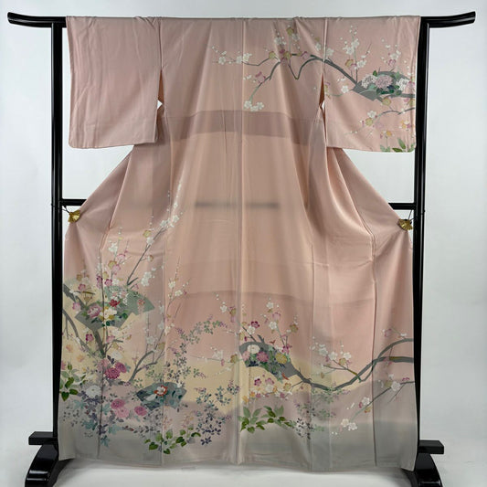 訪問服 身長165cm 袖長63.5cm S 雙層 落款有 枝梅花 扇子面 染分 渲染 淡粉色 純蠶絲 名品級