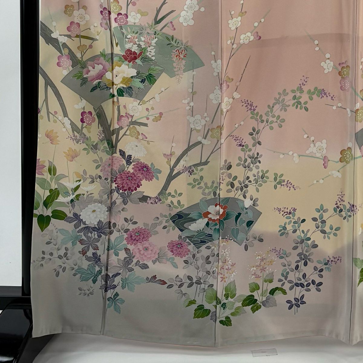 訪問服 身長165cm 袖長63.5cm S 雙層 落款有 枝梅花 扇子面 染分 渲染 淡粉色 純蠶絲 名品級