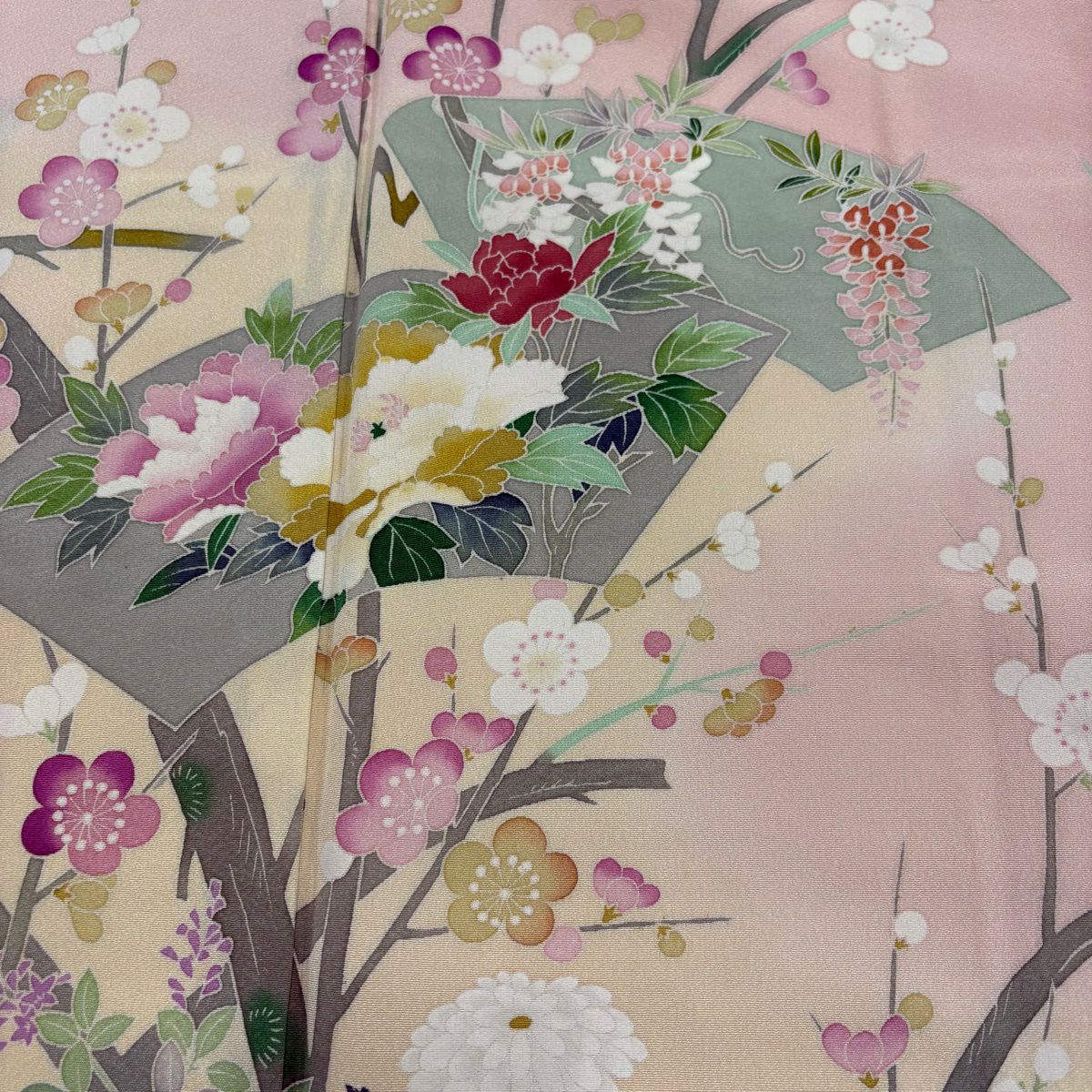 訪問服 身長165cm 袖長63.5cm S 雙層 落款有 枝梅花 扇子面 染分 渲染 淡粉色 純蠶絲 名品級
