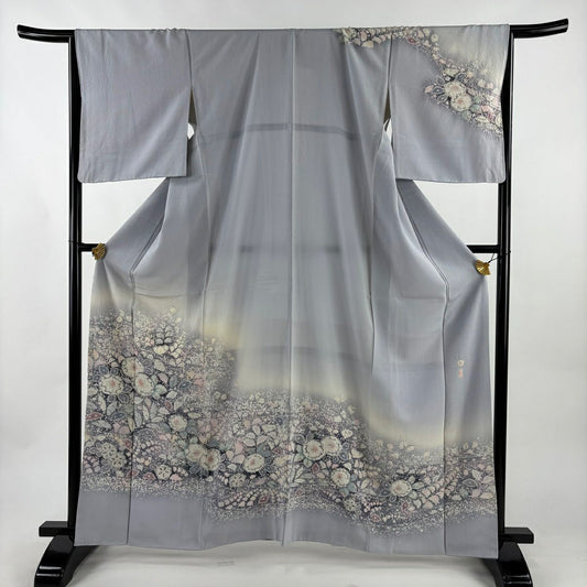 訪問服 身長162.5cm 袖長66.5cm M 雙層 翠山工房 落款あり 辻花染 染分 ぼかし 青灰 純蠶絲 名品級