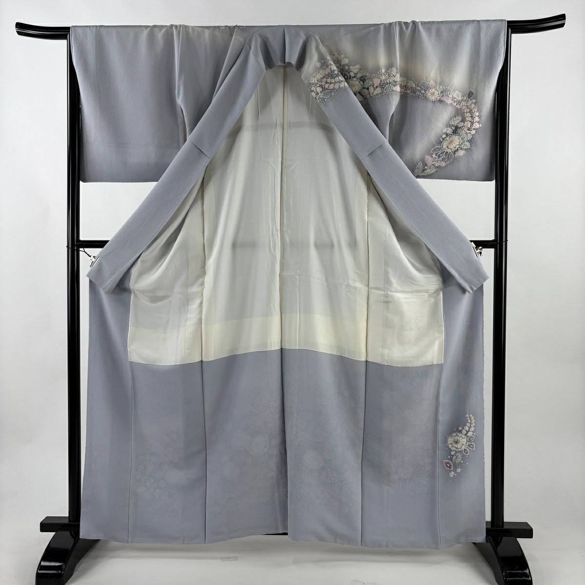 訪問服 身長162.5cm 袖長66.5cm M 雙層 翠山工房 落款あり 辻花染 染分 ぼかし 青灰 純蠶絲 名品級