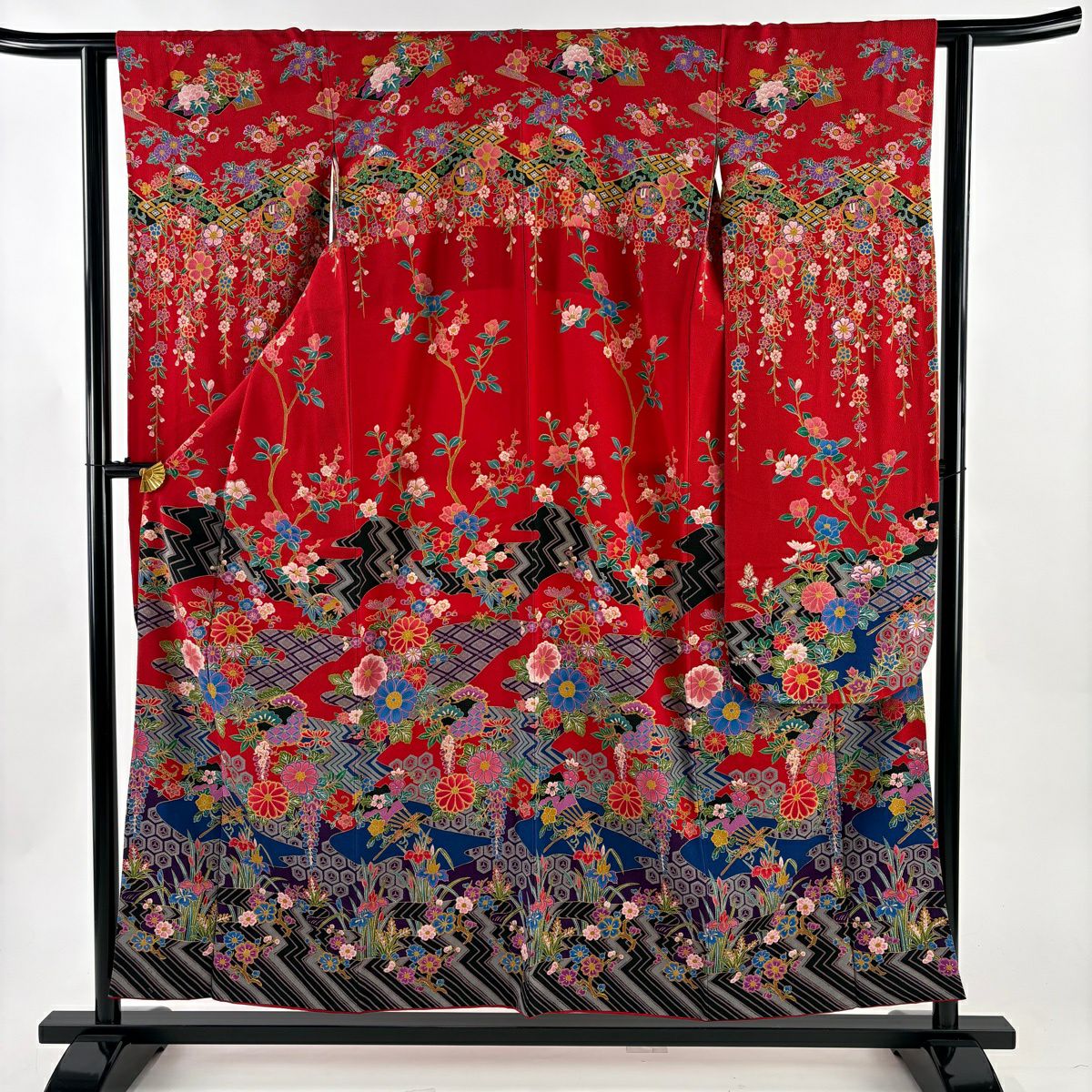 振袖禮服 身長154.5cm 袖長61.5cm S 雙層 草花紋紋 有職文樣 金銀彩 紅 純蠶絲 名品級