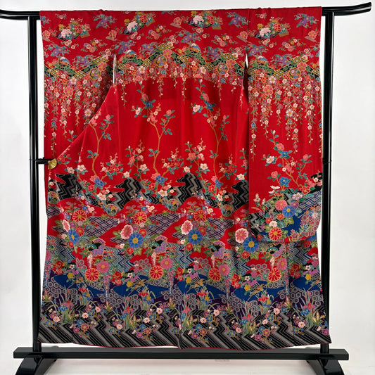 振袖禮服 身長154.5cm 袖長61.5cm S 雙層 草花紋紋 有職文樣 金銀彩 紅 純蠶絲 名品級