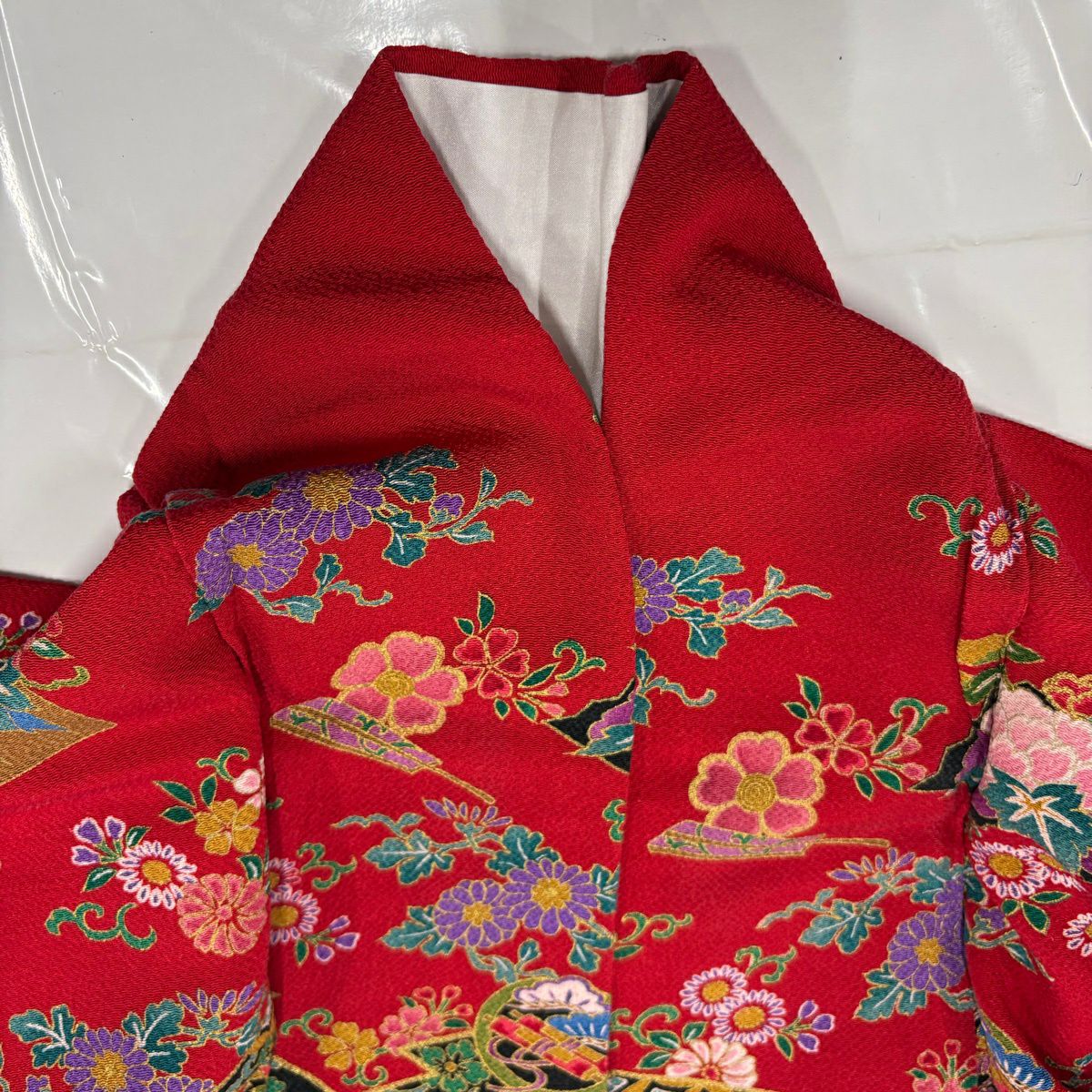 振袖禮服 身長154.5cm 袖長61.5cm S 雙層 草花紋紋 有職文樣 金銀彩 紅 純蠶絲 名品級