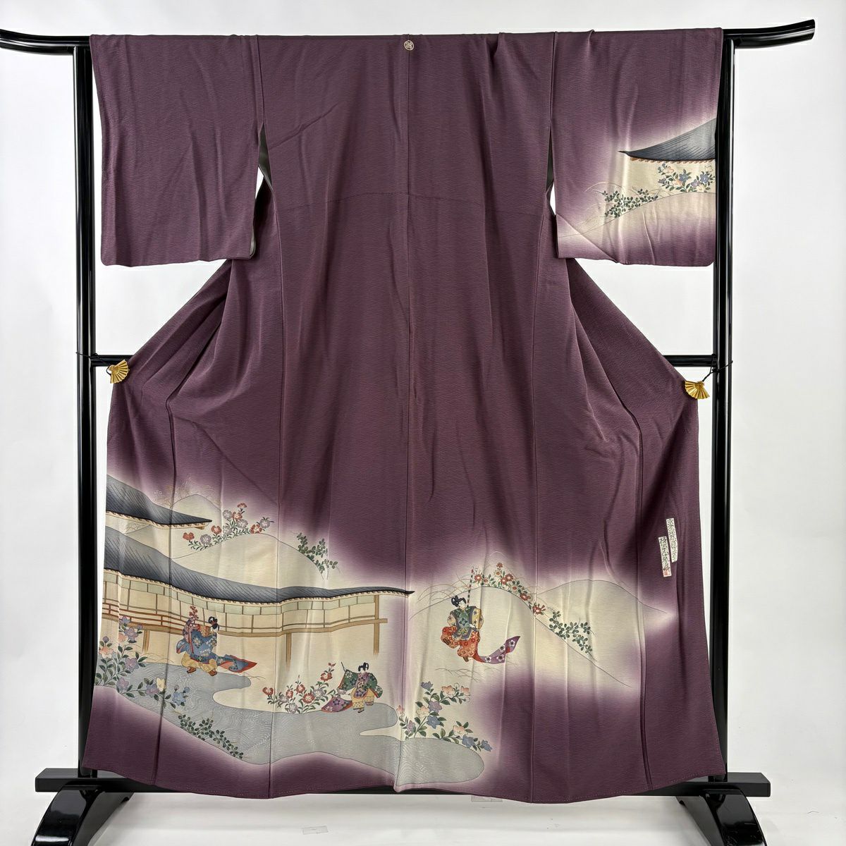付下 身長160cm 袖長65cm M 雙層 樽本伊勢蔵 有落款 人物 建物 金銀彩 紫 純蠶絲 名品級 一つ紋