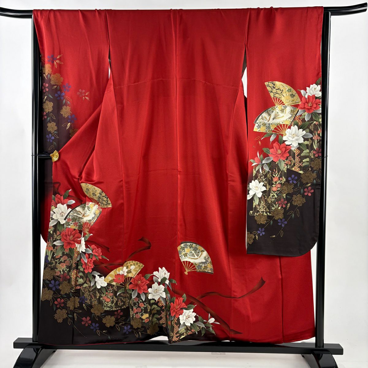 【美品】振袖禮服 身長157cm 袖長66cm M 雙層 扇子 牡丹 金銀彩 漸層 紅 純蠶絲 名品級
