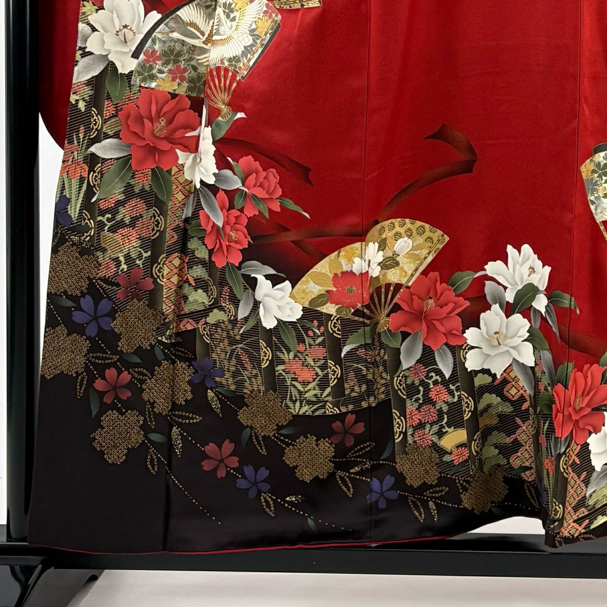 【美品】振袖禮服 身長157cm 袖長66cm M 雙層 扇子 牡丹 金銀彩 漸層 紅 純蠶絲 名品級