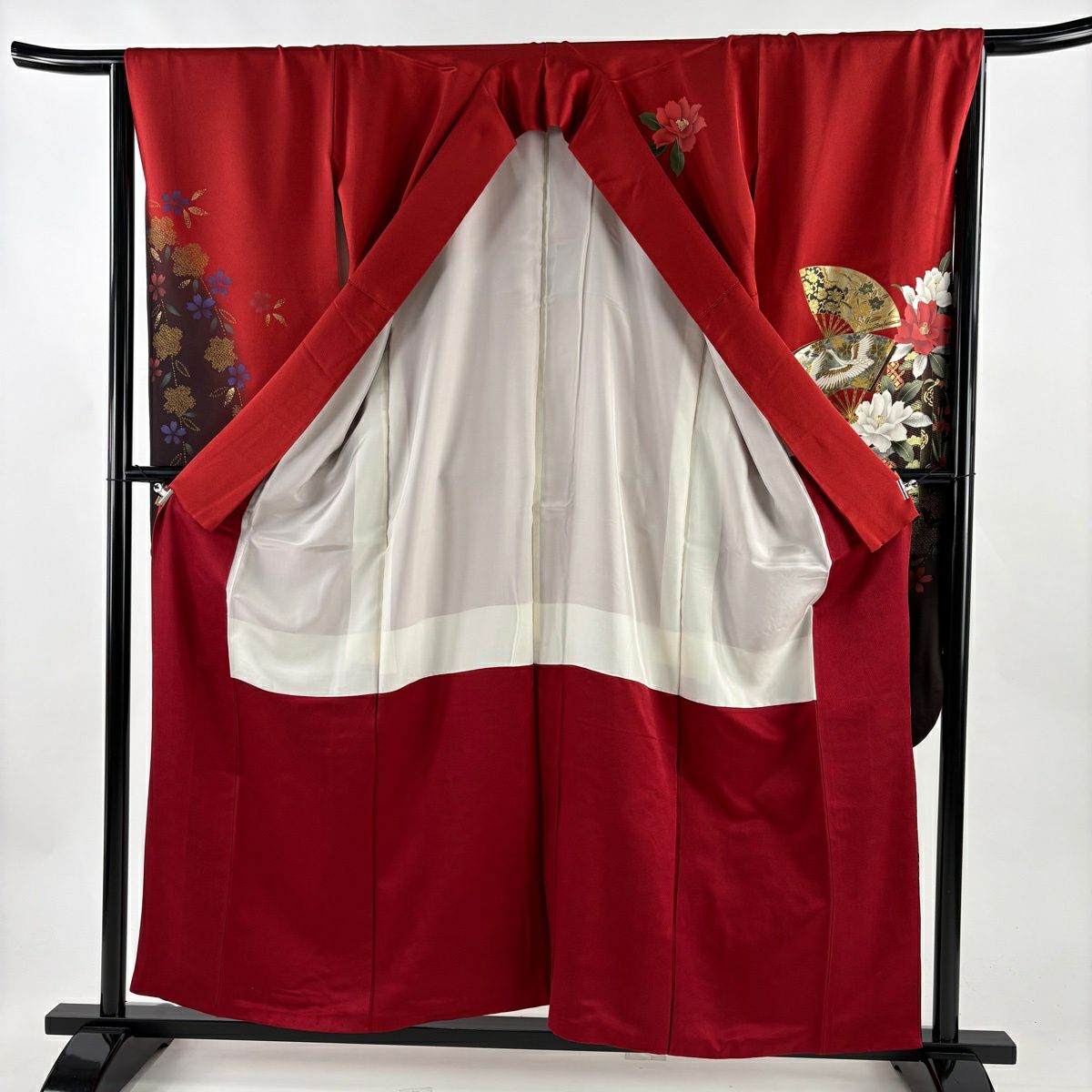 【美品】振袖禮服 身長157cm 袖長66cm M 雙層 扇子 牡丹 金銀彩 漸層 紅 純蠶絲 名品級