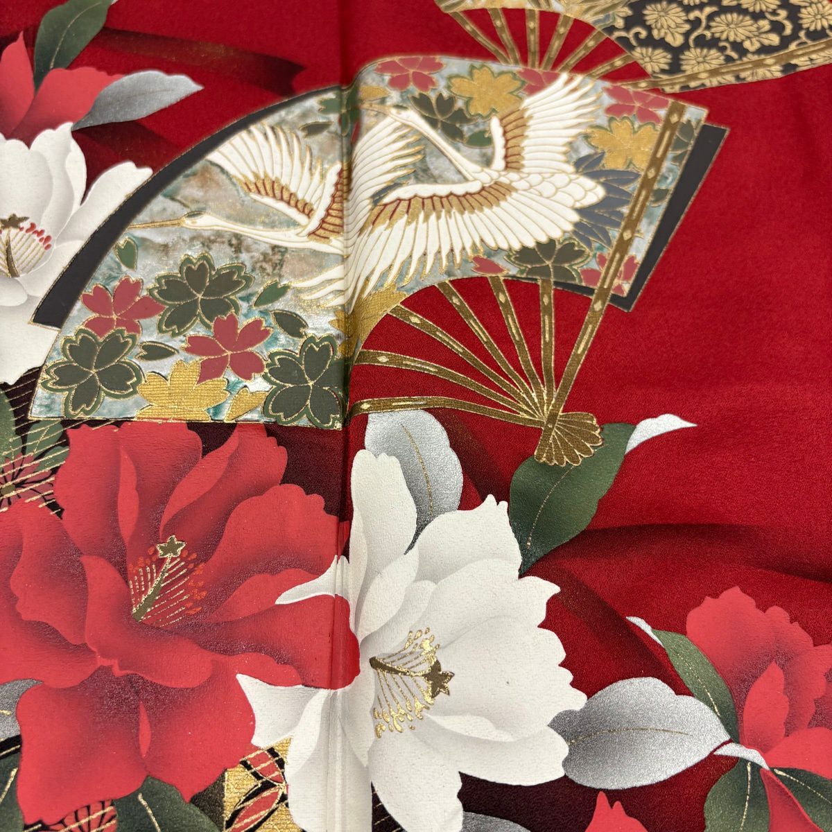【美品】振袖禮服 身長157cm 袖長66cm M 雙層 扇子 牡丹 金銀彩 漸層 紅 純蠶絲 名品級