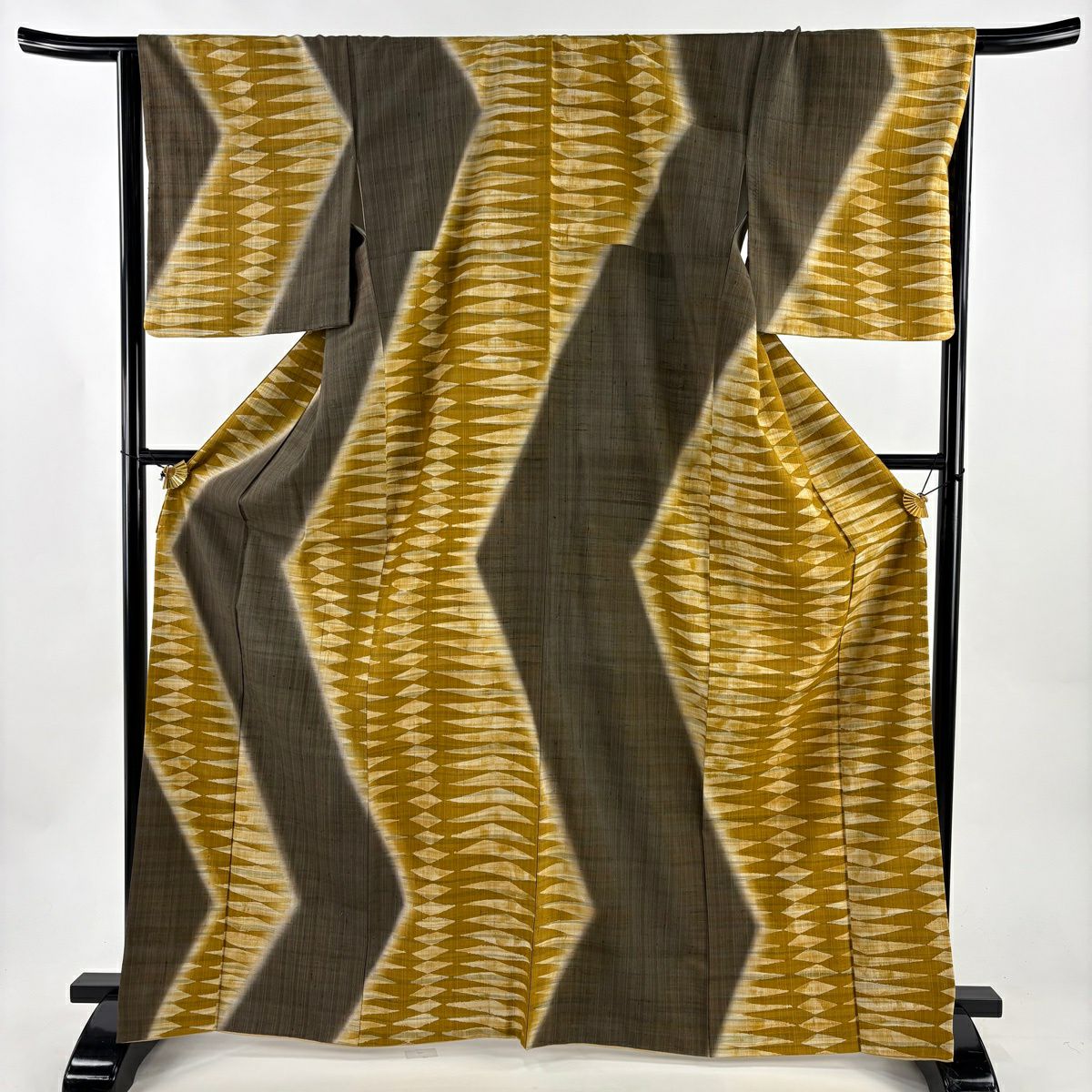 【美品】訪問服 身長167.5cm 袖長66cm M 雙層 紬織織 幾何學 茶 純蠶絲 名品級
