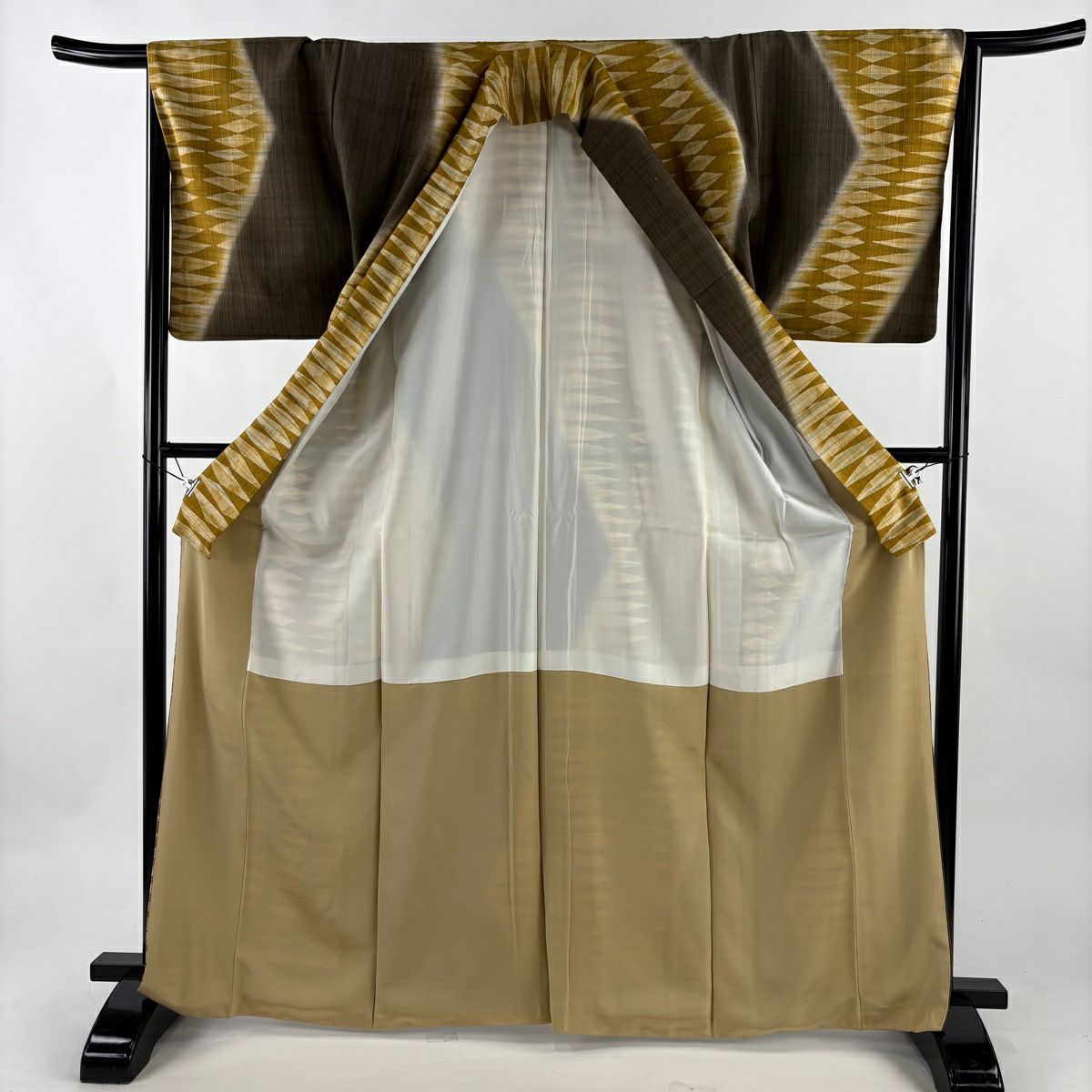 【美品】訪問服 身長167.5cm 袖長66cm M 雙層 紬織織 幾何學 茶 純蠶絲 名品級