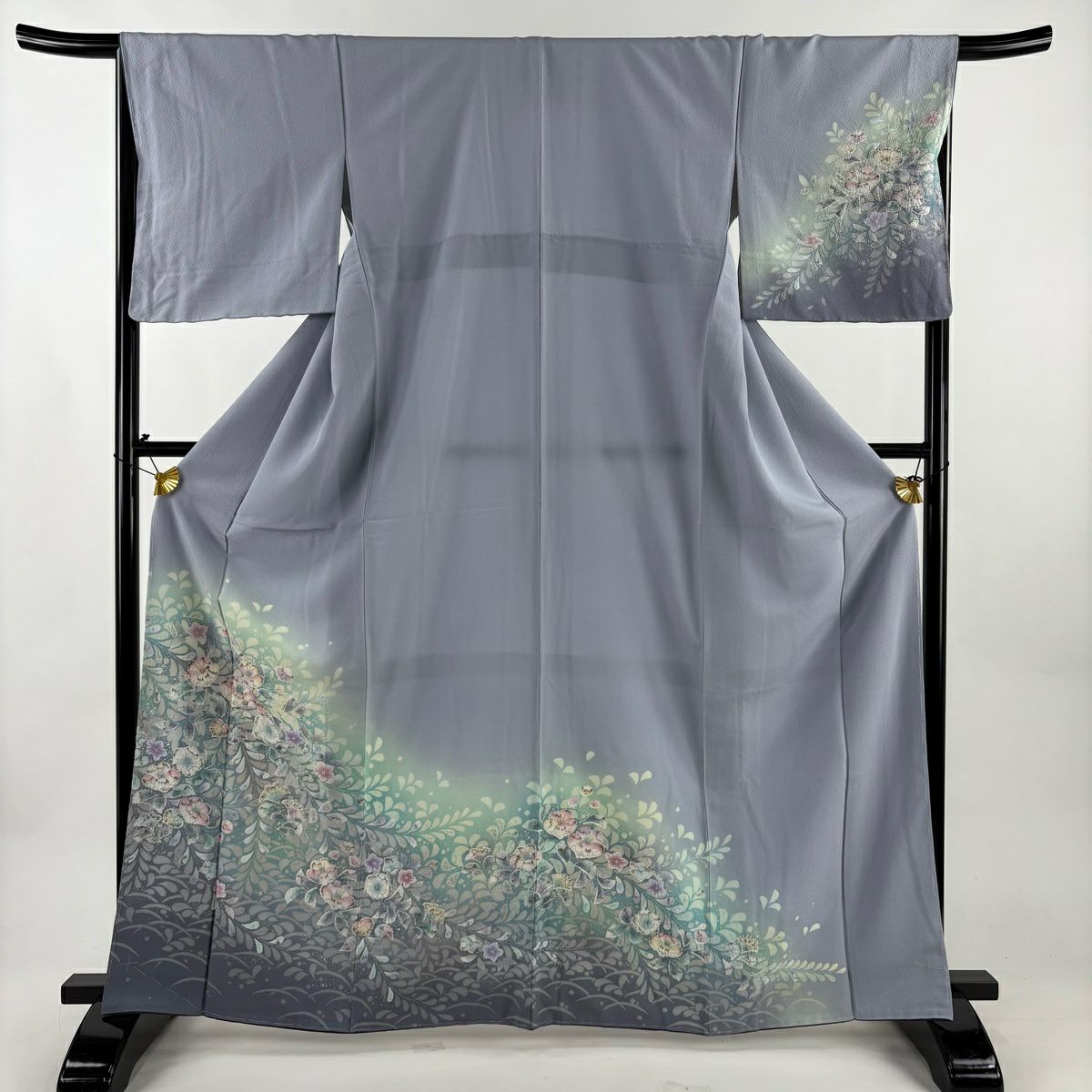 訪問服 身長165.5cm 袖長67cm M 雙層 辻花染 染分漸變 青灰 純蠶絲 名品級