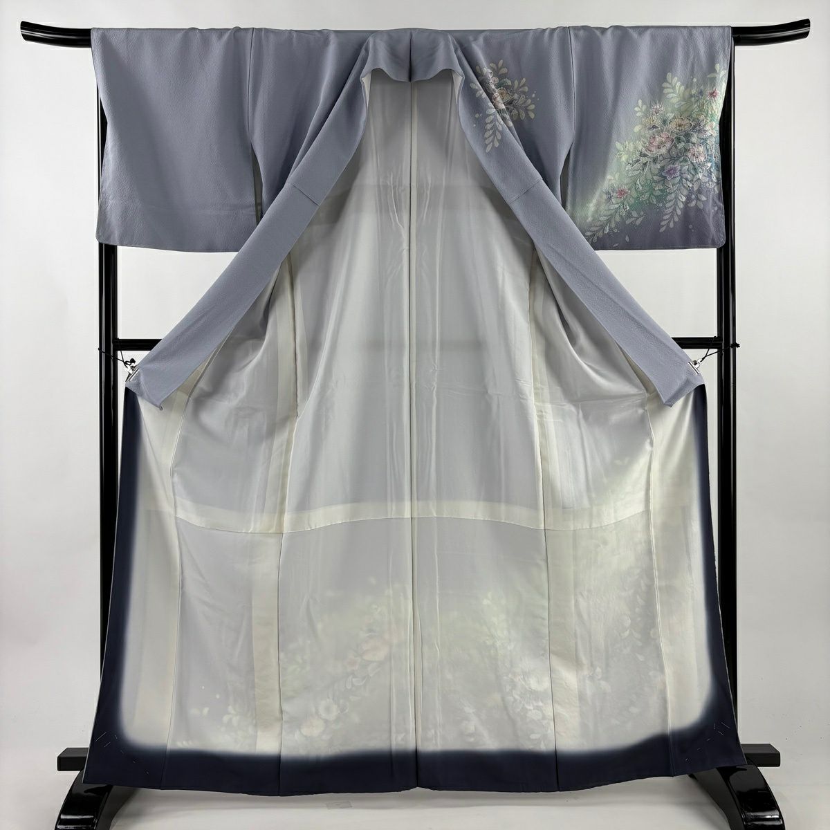訪問服 身長165.5cm 袖長67cm M 雙層 辻花染 染分漸變 青灰 純蠶絲 名品級