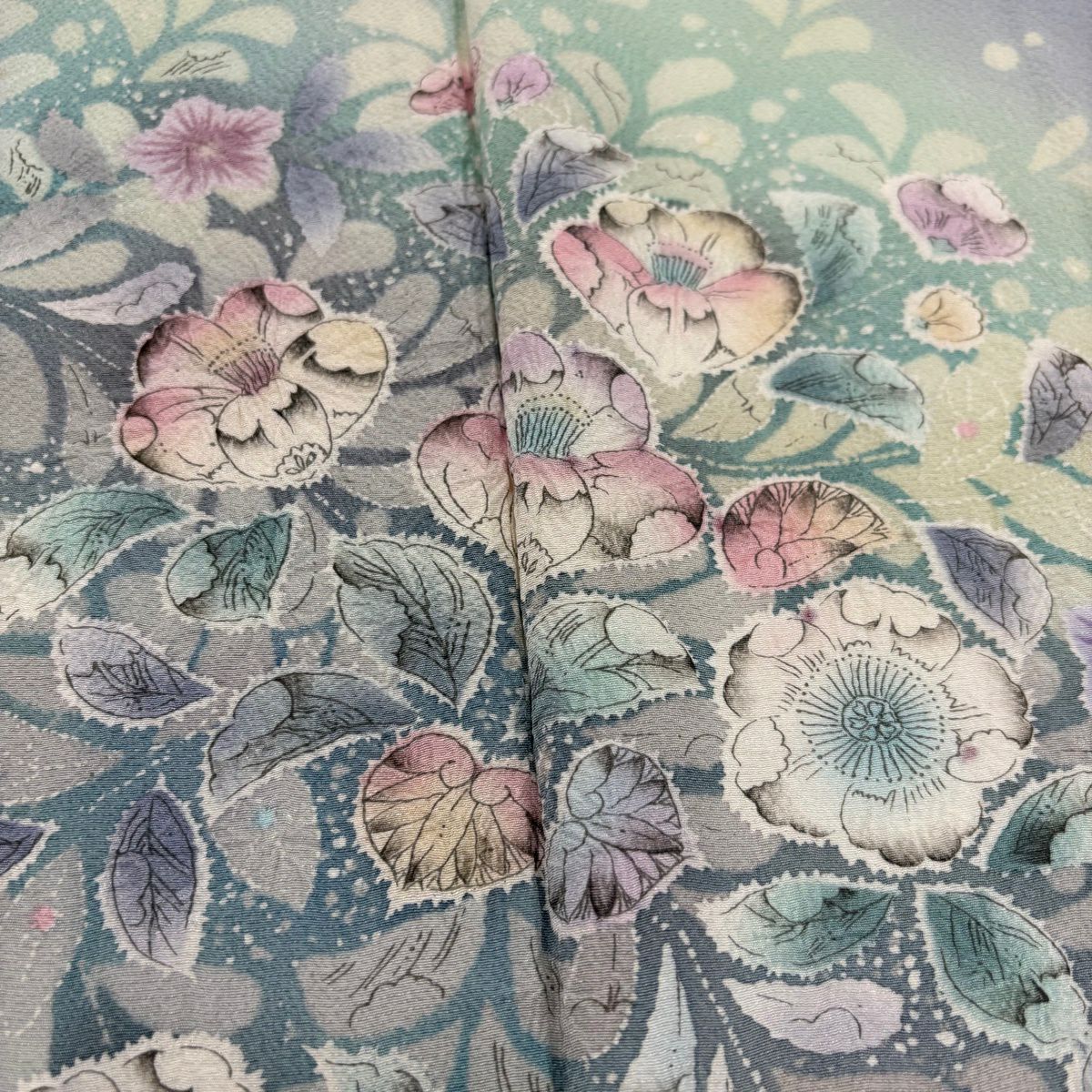 訪問服 身長165.5cm 袖長67cm M 雙層 辻花染 染分漸變 青灰 純蠶絲 名品級