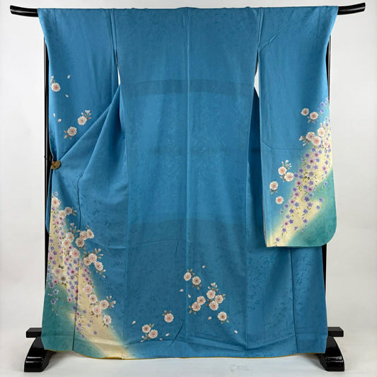 振袖禮服 身長169cm 袖長69.5cm L 雙層 櫻花 金銀彩 漸層 水藍 純蠶絲 名品級
