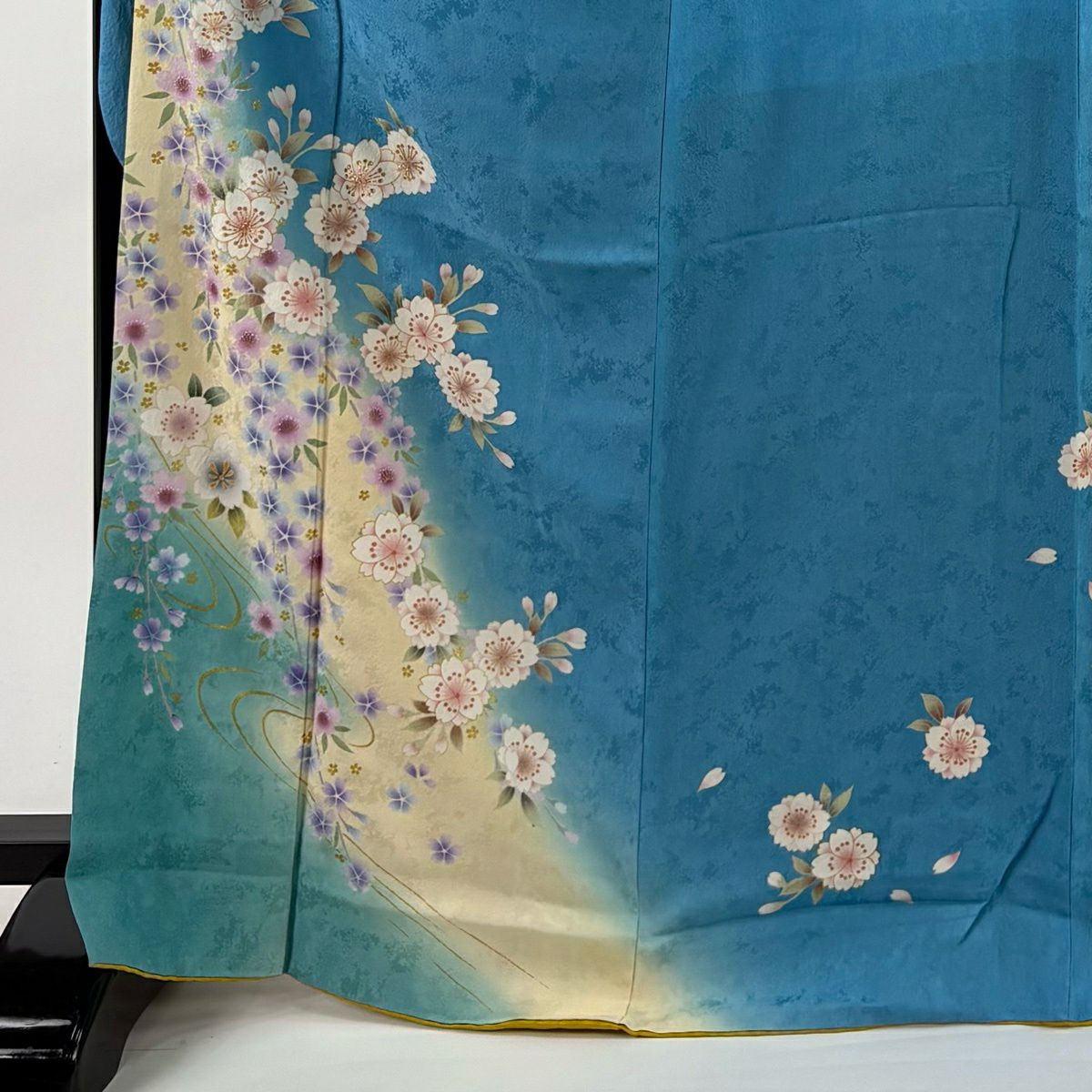 振袖禮服 身長169cm 袖長69.5cm L 雙層 櫻花 金銀彩 漸層 水藍 純蠶絲 名品級