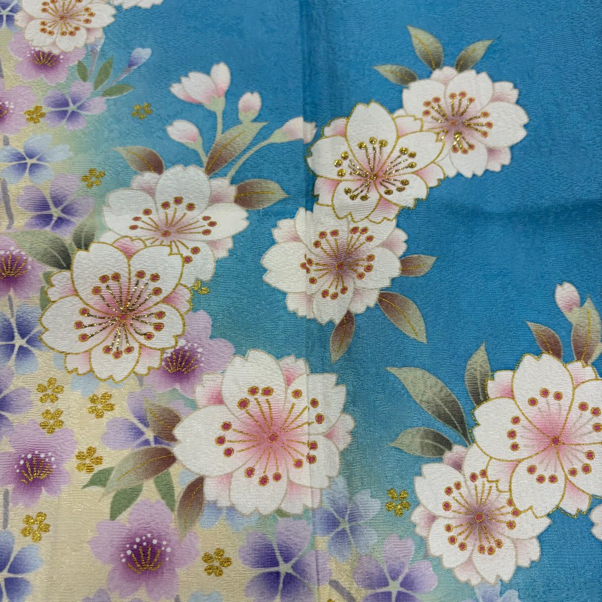振袖禮服 身長169cm 袖長69.5cm L 雙層 櫻花 金銀彩 漸層 水藍 純蠶絲 名品級
