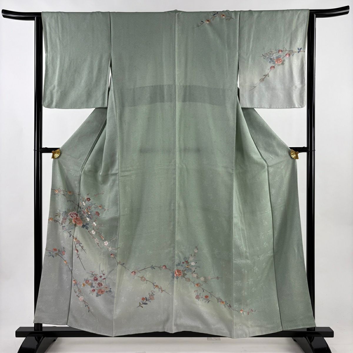 訪問服 身長157.5cm 袖長64.5cm M 雙層 枝花 花熨斗紋 刺繡 漸層 薄綠 純蠶絲 名品級