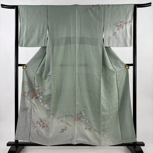 訪問服 身長157.5cm 袖長64.5cm M 雙層 枝花 花熨斗紋 刺繡 漸層 薄綠 純蠶絲 名品級