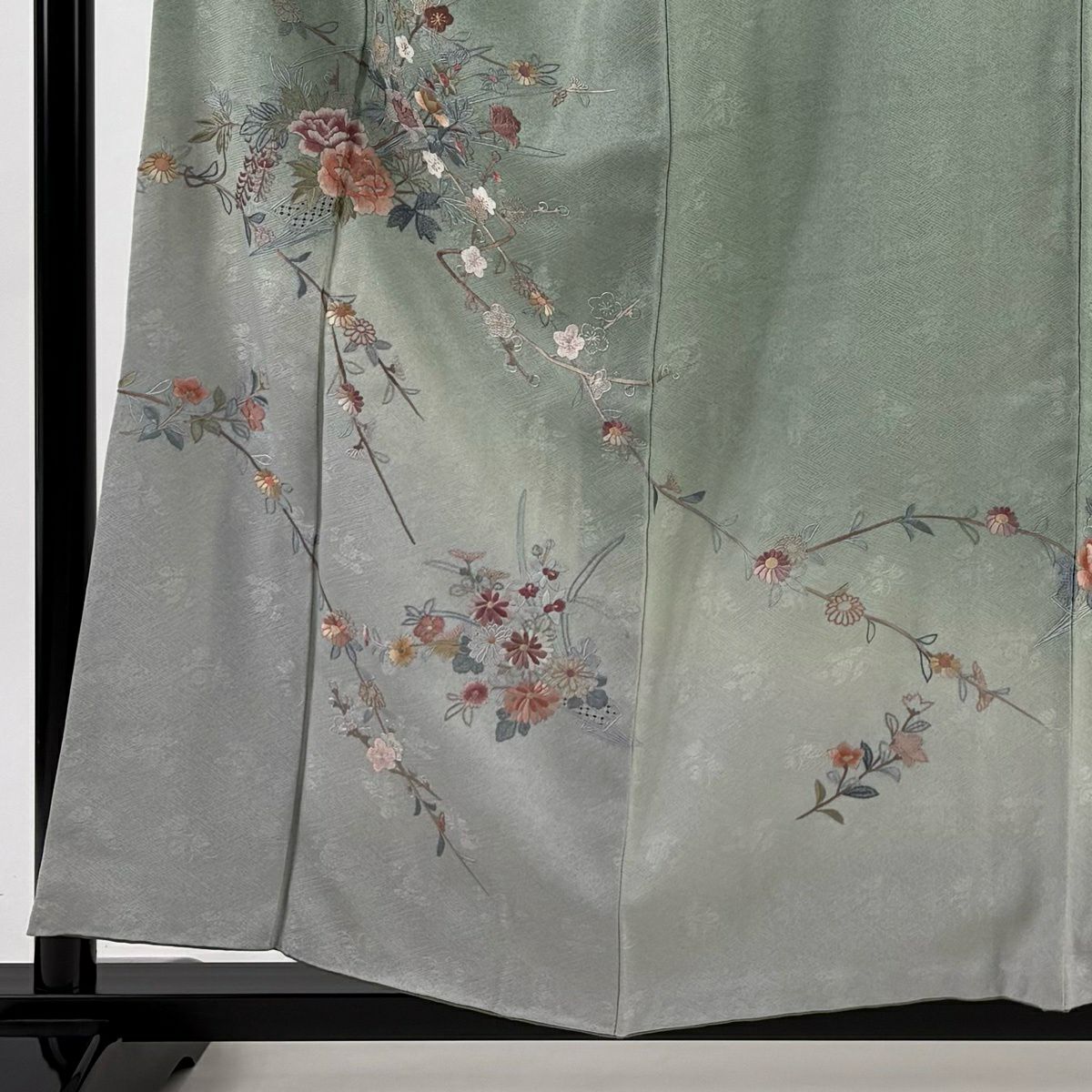 訪問服 身長157.5cm 袖長64.5cm M 雙層 枝花 花熨斗紋 刺繡 漸層 薄綠 純蠶絲 名品級
