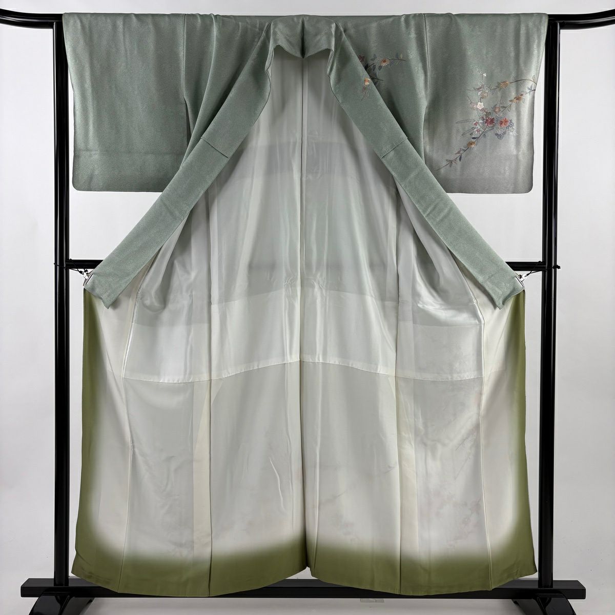 訪問服 身長157.5cm 袖長64.5cm M 雙層 枝花 花熨斗紋 刺繡 漸層 薄綠 純蠶絲 名品級
