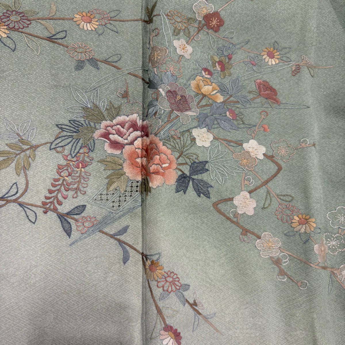 訪問服 身長157.5cm 袖長64.5cm M 雙層 枝花 花熨斗紋 刺繡 漸層 薄綠 純蠶絲 名品級