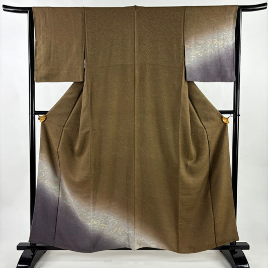 【美品】 付下 身長159cm 袖長64.5cm M 雙層 墨流紋 地紋 漸層 茶 純蠶絲 名品級