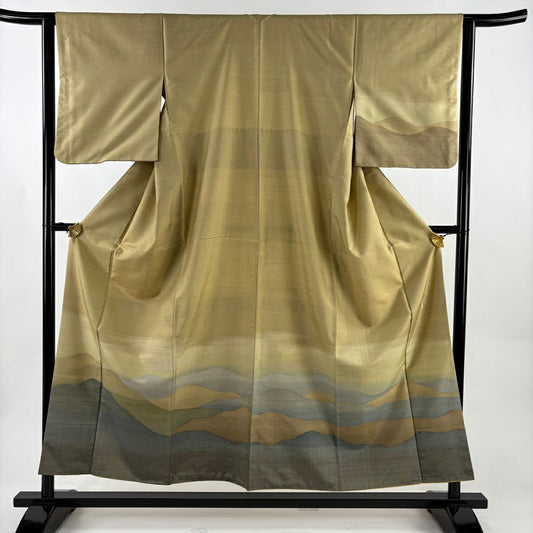【美品】 付下 身長154.5cm 袖長62.5cm S 雙層 山並 霞 金銀彩 山吹茶 純蠶絲 名品級
