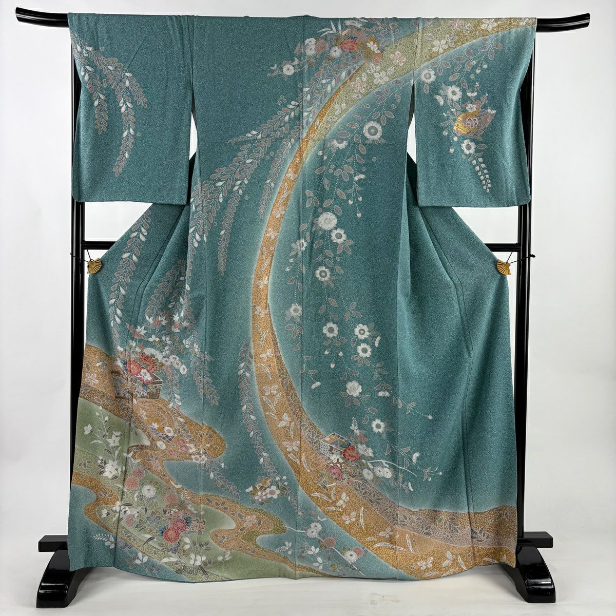 【美品】訪問服 身長167.5cm 袖長68cm L 雙層 花器 桧扇子 金銀彩 漸層 青綠 純蠶絲 名品級